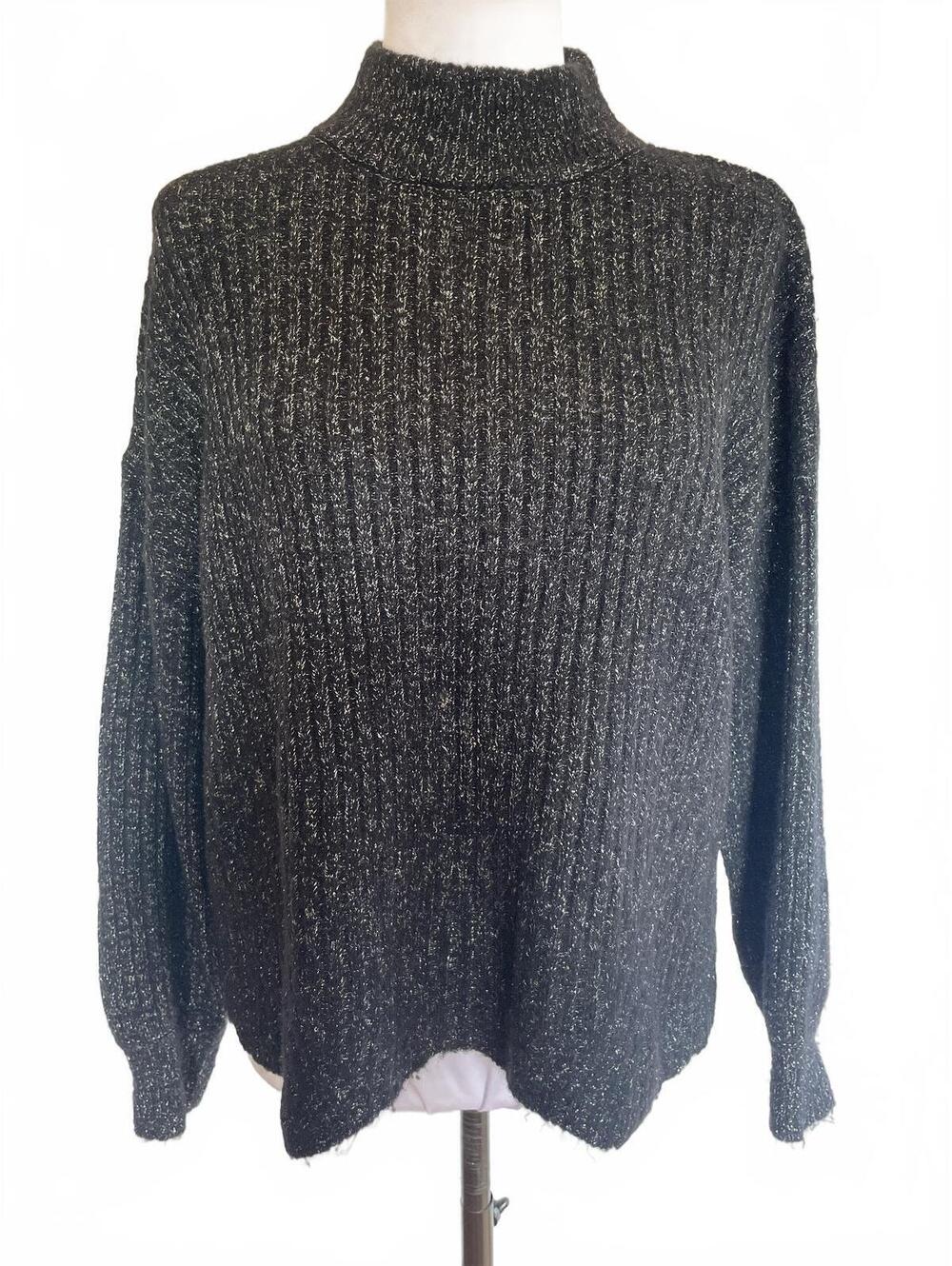 Philosophy Black Metallic Ribbed Mock Neck Sweater Small Cozy Soft Shimmer